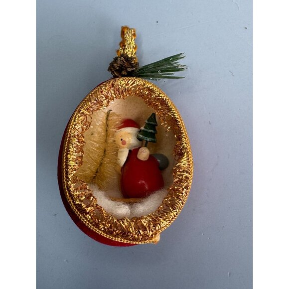 Handcrafted Vintage Red Velvet & Gold Trim Christmas Ornament Diorama  With Sant - Picture 7 of 8